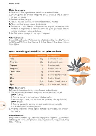 Ministério da Saúde
Modo de preparo
1. Separar todos os ingredientes e utensílios que serão utilizados;
2.	Em uma panela de pressão, refogar no óleo, a cebola, o alho, e a carne
cortada em cubos;
3.	Acrescentar o sal e a água;
4.	Fechar a panela e cozinhar por aproximadamente 10 minutos;
5.	Abrir e certificar-se que a carne já esta cozida;
6.	Acrescentar o João Gomes, a vinagreira e os vegetais partindo do mais
resistente e respeitando o intervalo entre eles para que todos estejam
cozidos: o quiabo, o maxixe, a abóbora;
7.	Ao final, amassar os vegetais com o garfo no prato.
Valor nutricional:
Energia: 150kcal; Proteína: 17g; Carboidrato: 5,7g; Lipídeos: 6,6g; Fibra: 2,6g;Vitamina
A: 386,96mcgEAR; Ferro: 5mg; Vitamina C: 31,9mg; Cálcio: 140mg; Zinco: 4,76mg;
Sódio: 238mg.
Arroz com vinagreira e feijão com peixe desfiado
Ingredientes Quantidade Medida caseira
Feijão 50g 3 colheres de sopa
Arroz cru 20g 2 colheres de sopa
Peixe cru 35g 1 posta grande
Vinagreira 15g 1 colher de sopa
Cebola ralada 5g 1 colher de chá
Alho 2g 1 colher de chá nivelada
Óleo 3g 1 colher de café
Sal 0,5g 1 colher de café nivelada
Água 400g 2 xícaras e meia de chá
Modo de preparo
1.		Separar todos os ingredientes e utensílios que serão utilizados;
2. Este preparo tem duas etapas uma para o arroz e outra para o cuxá.
	 ETAPA 1:.Arroz
	 1. Cozinhar o arroz juntamente com a cebola e o alho;
	 2.Adicionar água quente, o sal e cozinhar até que esteja com o grão macio.
	 ETAPA 2: Cuxá
	 1. Cozinhar a vinagreira somente em água, peneirando-a em seguida;
	 2. Picar bem e misturar o arroz já cozido.
3. No prato, acrescentar o feijão, o peixe desfiado e o arroz de cuxá e amassar
com o garfo.
Valor nutricional:
Energia: 220kcal; Proteína: 14g; Carboidrato: 24g; Lipídeos: 7,5g; Fibra: 3,7g;Vitamina A:
104,73mcgEAR; Ferro: 2,28mg; Vitamina C: 2,33mg; Cálcio: 68,24mg; Zinco: 0,29mg;
Sódio: 199,32mg.
50
 