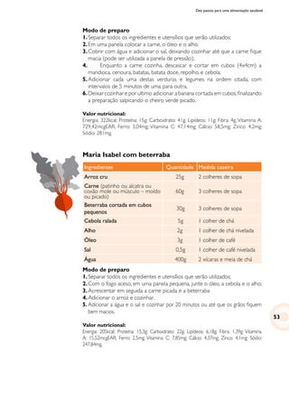 Dez passos para uma alimentação saudável
Modo de preparo
1.	Separar todos os ingredientes e utensílios que serão utilizados;
2.	Em uma panela colocar a carne, o óleo e o alho.
3.	Cobrir com água e adicionar o sal, deixando cozinhar até que a carne fique
macia (pode ser utilizada a panela de pressão).
4. 	 Enquanto a carne cozinha, descascar e cortar em cubos (4x4cm) a
mandioca, cenoura, batatas, batata doce, repolho, e cebola.
5.	Adicionar cada uma destas verduras e legumes na ordem citada, com
intervalos de 5 minutos de uma para outra.
6.	Deixar cozinhar e por ultimo adicionar a banana cortada em cubos,finalizando
a preparação salpicando o cheiro verde picado.
Valor nutricional:
Energia: 322kcal; Proteína: 15g; Carboidrato: 41g; Lipídeos: 11g; Fibra: 4g; Vitamina A:
729,42mcgEAR; Ferro: 3,04mg; Vitamina C: 47,14mg; Cálcio: 58,5mg; Zinco: 4,2mg;
Sódio: 281mg.
Maria Isabel com beterraba
Ingredientes Quantidade Medida caseira
Arroz cru 25g 2 colheres de sopa
Carne (patinho ou alcatra ou
coxão mole ou músculo – moído
ou picado)
60g 3 colheres de sopa
Beterraba cortada em cubos
pequenos
30g 3 colheres de sopa
Cebola ralada 5g 1 colher de chá
Alho 2g 1 colher de chá nivelada
Óleo 3g 1 colher de café
Sal 0,5g 1 colher de café nivelada
Água 400g 2 xícaras e meia de chá
Modo de preparo
1.	Separar todos os ingredientes e utensílios que serão utilizados;
2.	Com o fogo aceso, em uma panela pequena, junte o óleo, a cebola e o alho;
3.	Acrescentar em seguida a carne picada e a beterraba
4.	Adicionar o arroz e cozinhar.
5. 	Adicionar a água e o sal e cozinhar por 20 minutos ou até que os grãos fiquem
bem macios.
Valor nutricional:
Energia: 205kcal; Proteína: 15,3g; Carboidrato: 22g; Lipídeos: 6,18g; Fibra: 1,39g; Vitamina
A: 15,52mcgEAR; Ferro: 2,5mg; Vitamina C: 7,85mg; Cálcio: 4,37mg; Zinco: 4,1mg; Sódio:
247,84mg.
53
 