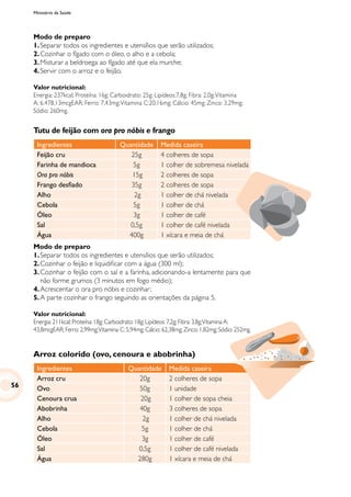 Ministério da Saúde
Tutu de feijão com ora pro nóbis e frango
Ingredientes Quantidade Medida caseira
Feijão cru 25g 4 colheres de sopa
Farinha de mandioca 5g 1 colher de sobremesa nivelada
Ora pro nóbis 15g 2 colheres de sopa
Frango desfiado 35g 2 colheres de sopa
Alho 2g 1 colher de chá nivelada
Cebola 5g 1 colher de chá
Óleo 3g 1 colher de café
Sal 0,5g 1 colher de café nivelada
Água 400g 1 xícara e meia de chá
Modo de preparo
1.	Separar todos os ingredientes e utensílios que serão utilizados;
2.	Cozinhar o feijão e liquidificar com a água (300 ml);
3.	Cozinhar o feijão com o sal e a farinha, adicionando-a lentamente para que
não forme grumos (3 minutos em fogo médio);
4.	Acrescentar o ora pro nóbis e cozinhar;
5.	A parte cozinhar o frango seguindo as orientações da página 5.
Valor nutricional:
Energia: 211kcal; Proteína: 18g; Carboidrato: 18g; Lipídeos: 7,2g; Fibra: 3,8g;Vitamina A:
43,8mcgEAR; Ferro: 2,99mg;Vitamina C: 5,94mg; Cálcio: 62,38mg; Zinco: 1,82mg; Sódio: 252mg.
Arroz colorido (ovo, cenoura e abobrinha)
Ingredientes Quantidade Medida caseira
Arroz cru 20g 2 colheres de sopa
Ovo 50g 1 unidade
Cenoura crua 20g 1 colher de sopa cheia
Abobrinha 40g 3 colheres de sopa
Alho 2g 1 colher de chá nivelada
Cebola 5g 1 colher de chá
Óleo 3g 1 colher de café
Sal 0,5g 1 colher de café nivelada
Água 280g 1 xícara e meia de chá
Modo de preparo
1.	Separar todos os ingredientes e utensílios que serão utilizados;
2.	Cozinhar o fígado com o óleo, o alho e a cebola;
3.	Misturar a beldroega ao fígado até que ela murche;
4.	Servir com o arroz e o feijão.
Valor nutricional:
Energia: 237kcal; Proteína: 16g; Carboidrato: 25g; Lipídeos:7,8g; Fibra: 2,0g;Vitamina
A: 6.478,13mcgEAR; Ferro: 7,43mg;Vitamina C:20,16mg; Cálcio: 45mg; Zinco: 3,29mg;
Sódio: 260mg.
56
 