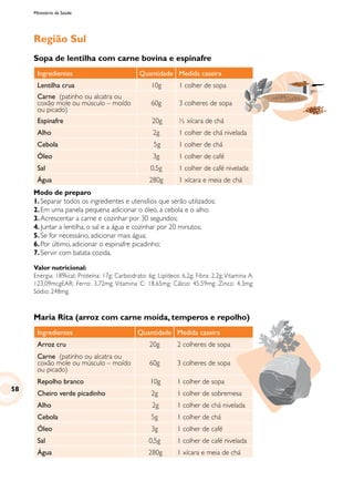 Ministério da Saúde
Região Sul
Sopa de lentilha com carne bovina e espinafre
Ingredientes Quantidade Medida caseira
Lentilha crua 10g 1 colher de sopa
Carne (patinho ou alcatra ou
coxão mole ou músculo – moído
ou picado)
60g 3 colheres de sopa
Espinafre 20g ½ xícara de chá
Alho 2g 1 colher de chá nivelada
Cebola 5g 1 colher de chá
Óleo 3g 1 colher de café
Sal 0,5g 1 colher de café nivelada
Água 280g 1 xícara e meia de chá
Modo de preparo
1.	Separar todos os ingredientes e utensílios que serão utilizados;
2.	Em uma panela pequena adicionar o óleo, a cebola e o alho;
3.	Acrescentar a carne e cozinhar por 30 segundos;
4. Juntar a lentilha, o sal e a água e cozinhar por 20 minutos;
5.	Se for necessário, adicionar mais água;
6.	Por último, adicionar o espinafre picadinho;
7.	Servir com batata cozida.
Valor nutricional:
Energia: 189kcal; Proteína: 17g; Carboidrato: 6g; Lipídeos: 6,2g; Fibra: 2,2g; Vitamina A:
123,09mcgEAR; Ferro: 3,72mg; Vitamina C: 18,65mg; Cálcio: 45,59mg; Zinco: 4,3mg;
Sódio: 248mg.
Maria Rita (arroz com carne moída, temperos e repolho)
Ingredientes Quantidade Medida caseira
Arroz cru 20g 2 colheres de sopa
Carne (patinho ou alcatra ou
coxão mole ou músculo – moído
ou picado)
60g 3 colheres de sopa
Repolho branco 10g 1 colher de sopa
Cheiro verde picadinho 2g 1 colher de sobremesa
Alho 2g 1 colher de chá nivelada
Cebola 5g 1 colher de chá
Óleo 3g 1 colher de café
Sal 0,5g 1 colher de café nivelada
Água 280g 1 xícara e meia de chá
58
 