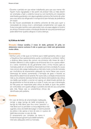 Ministério da Saúde
•	Durante o período em que estiver trabalhando, para que suas mamas não
fiquem muito ingurgitadas e não parem de produzir leite, as mães devem
ser orientadas a fazer a ordenha manual ou com bombinha, em recipientes
esterilizados,guardando-o em alguma geladeira próxima.No horário de voltar
para casa, retirar do refrigerador e transportá-lo bem fechado, de preferência
em isopor.
•	Se não houver possibilidade de ordenha suficiente de leite, para suprir a
necessidade da criança, iniciar a alimentação complementar com papas de
frutas (uma pela manhã e outra pela tarde),mais uma papa salgada no horário
do almoço.Orientá-la sobre a introdução de leite de vaca precocemente que
pode determinar quadros alérgicos e outras doenças.
b) Cólicas do bebê
Situação: Criança eutrófica, 2 meses de idade, ganhando 25 g/dia, em
aleitamento materno exclusivo. A mãe se queixa que o bebê está apresentando
muitas cólicas.
Comentários:
•	Verificar junto à mãe quais os horários que o bebê apresenta cólica e qual
a frequência. Esse questionamento auxilia o profissional a conhecer melhor
a dinâmica dessa queixa tão comum nos primeiros três meses de vida. E
também diferencia a cólica orgânica da emocional. Isto é, se a queixa refere-
se a vários momentos do dia, geralmente vinte a trinta minutos após as
mamadas, pode ser um problema relacionado à primeira condição.As causas
mais comuns são: a pega inadequada ou intervalos muito curtos de mamadas
por insuficiência de esvaziamento adequado da mama. Nesse caso ocorre
sobrecarga de lactose, aumentando a formação de gases e levando ao
desconforto abdominal do lactente. Por outro lado, a condição emocional da
mãe ou do ambiente (estresse familiar) são fatores estimuladores das cólicas
nos bebês, que tendem a ocorrer em apenas um determinado período do
dia, geralmente no final da tarde ou à noite. É muito raro que a alimentação
da mãe possa ser responsável pelas cólicas do bebê, as quais não podem
ser confundidas com quadro alérgico à proteína do leite de vaca consumido
pela mãe. Nesse caso as características clínicas são
identificadas pelo pediatra.
Conduta:
•	Em caso de técnica de amamentação inadequada,
corrigir a pega: barriga do bebê encostando na
barriga da mãe; lábios para fora como “peixinho”; a
mãe deve ouvir ou perceber a criança deglutindo,e não
sugando; a boca do bebê deve pegar o máximo possível
da aréola e não apenas o bico do seio; e o queixo do
bebê deve encostar no seio da mãe.
	O esvaziamento por completo da mama é
fundamentalparagarantirqueobebêmantenha
intervalos adequados entre as mamadas.
64
 