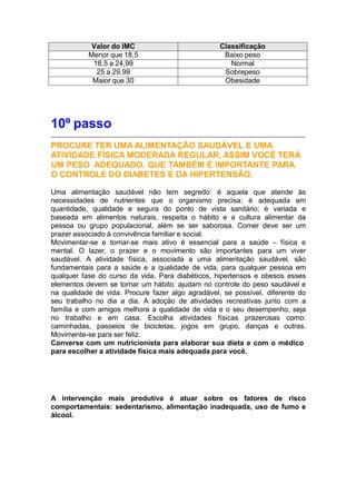 Valor do IMC Classificação
Menor que 18,5 Baixo peso
18,5 a 24,99 Normal
25 a 29,99 Sobrepeso
Maior que 30 Obesidade
10º passo
PROCURE TER UMA ALIMENTAÇÃO SAUDÁVEL E UMA
ATIVIDADE FÍSICA MODERADA REGULAR, ASSIM VOCÊ TERÁ
UM PESO ADEQUADO, QUE TAMBÉM É IMPORTANTE PARA
O CONTROLE DO DIABETES E DA HIPERTENSÃO.
Uma alimentação saudável não tem segredo: é aquela que atende às
necessidades de nutrientes que o organismo precisa; é adequada em
quantidade, qualidade e segura do ponto de vista sanitário; é variada e
baseada em alimentos naturais, respeita o hábito e a cultura alimentar da
pessoa ou grupo populacional, além se ser saborosa. Comer deve ser um
prazer associado à convivência familiar e social.
Movimentar-se e tornar-se mais ativo é essencial para a saúde – física e
mental. O lazer, o prazer e o movimento são importantes para um viver
saudável. A atividade física, associada a uma alimentação saudável, são
fundamentais para a saúde e a qualidade de vida, para qualquer pessoa em
qualquer fase do curso da vida. Para diabéticos, hipertensos e obesos esses
elementos devem se tornar um hábito: ajudam no controle do peso saudável e
na qualidade de vida. Procure fazer algo agradável, se possível, diferente do
seu trabalho no dia a dia. A adoção de atividades recreativas junto com a
família e com amigos melhora a qualidade de vida e o seu desempenho, seja
no trabalho e em casa. Escolha atividades físicas prazerosas como:
caminhadas, passeios de bicicletas, jogos em grupo, danças e outras.
Movimente-se para ser feliz.
Converse com um nutricionista para elaborar sua dieta e com o médico
para escolher a atividade física mais adequada para você.
A intervenção mais produtiva é atuar sobre os fatores de risco
comportamentais: sedentarismo, alimentação inadequada, uso de fumo e
álcool.
 