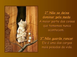 2°   Não se deixe dominar pelo medo   A maior parte das coisas que tememos nunca acontecem.    3°   Não guarde rancor   Ele é uma das cargas mais pesadas da vida. 