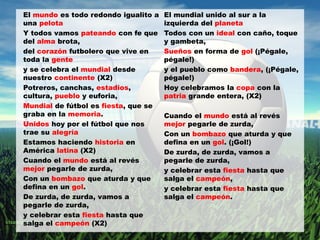 El mundo es todo redondo igualito a
una pelota
Y todos vamos pateando con fe que
del alma brota,
del corazón futbolero que vive en
toda la gente
y se celebra el mundial desde
nuestro continente (X2)
Potreros, canchas, estadios,
cultura, pueblo y euforia,
Mundial de fútbol es fiesta, que se
graba en la memoria.
Unidos hoy por el fútbol que nos
trae su alegría
Estamos haciendo historia en
América latina (X2)
Cuando el mundo está al revés
mejor pegarle de zurda,
Con un bombazo que aturda y que
defina en un gol.
De zurda, de zurda, vamos a
pegarle de zurda,
y celebrar esta fiesta hasta que
salga el campeón (X2)
El mundial unido al sur a la
izquierda del planeta
Todos con un ideal con caño, toque
y gambeta,
Sueños en forma de gol (¡Pégale,
pégale!)
y el pueblo como bandera, (¡Pégale,
pégale!)
Hoy celebramos la copa con la
patria grande entera, (X2)
Cuando el mundo está al revés
mejor pegarle de zurda,
Con un bombazo que aturda y que
defina en un gol. (¡Gol!)
De zurda, de zurda, vamos a
pegarle de zurda,
y celebrar esta fiesta hasta que
salga el campeón,
y celebrar esta fiesta hasta que
salga el campeón.
 