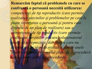 Remarcăm faptul că problemele cu care se
confruntă o persoană necesită utilizarea:
competenţei de tip reproductiv (care permite
realizarea sarcinilor şi problemelor pe care le
poate reprezenta o persoană şi pentru care
dispune de un plan de realizare) sau a
competenţei de tip productiv (care permite
realizarea sarcinilor pe care soluţionatorul
poate să le reprezinte, dar pentru care nu
dispune de un plan de realizare sau de unele
dintre componentele acelui plan, de o procedură
sau de unele părţi din procedură).
 