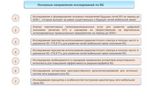 Основные направления исследований по 6G
Исследование и формирование основных показателей будущих сетей 6G на период до
2030 г., которые выходят за рамки существующих и будущих сетей мобильной связи.
1
Анализ перспективных телекоммуникационных услуг для развития цифровой
экономики (включая IoT) и сценариев их предоставления на вертикально
интегрированных промышленных предприятиях на период до 2030 г.
2
3
Исследование перспектив использования радиочастотного спектра в полосах частот в
диапазоне 92–174,8 ГГц для развития сетей мобильной связи поколения 6G.
4
Исследование перспектив использования радиочастотного спектра в полосах частот в
диапазоне 92–174,8 ГГц для развития сетей мобильной связи поколения 6G.
5
Исследование необходимости и сценариев применения алгоритмов искусственного
интеллекта для повышения эффективности радиоинтерфейса 6G.
6 Исследование алгоритмов пространственного мультиплексирования для антенных
систем сети радиодоступа 6G.
7
Исследование принципов и особенностей построения архитектуры сети мобильной
связи 6G.
 