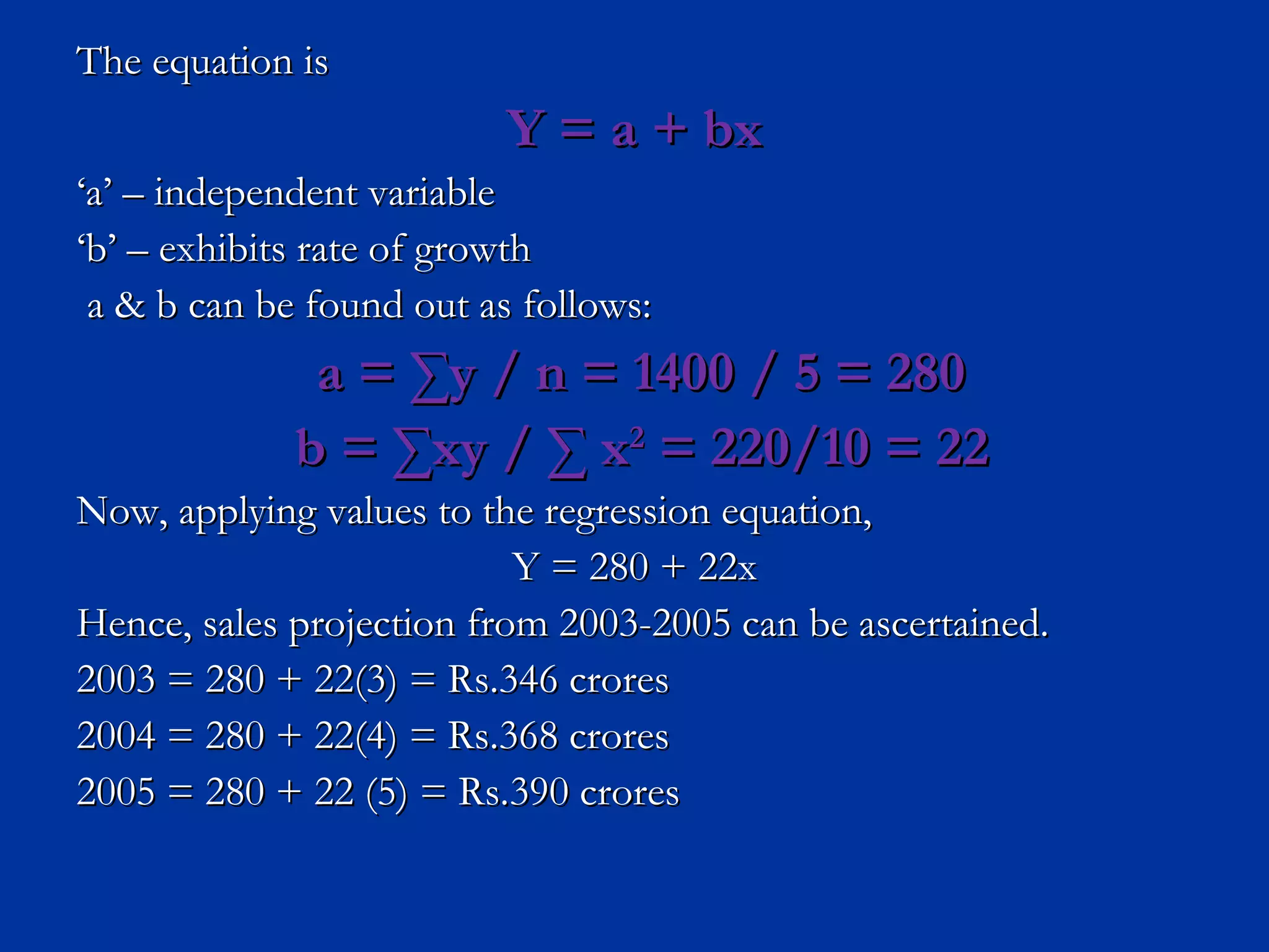 The equation is  Y = a + bx ‘ a’ – independent variable ‘ b’ – exhibits rate of growth a & b can be found out as follows: a =  ∑y / n = 1400 / 5 = 280 b =  ∑xy / ∑  x 2  = 220/10 = 22 Now, applying values to the regression equation, Y = 280 + 22x Hence, sales projection from 2003-2005 can be ascertained. 2003 = 280 + 22(3) = Rs.346 crores 2004 = 280 + 22(4) = Rs.368 crores 2005 = 280 + 22 (5) = Rs.390 crores 