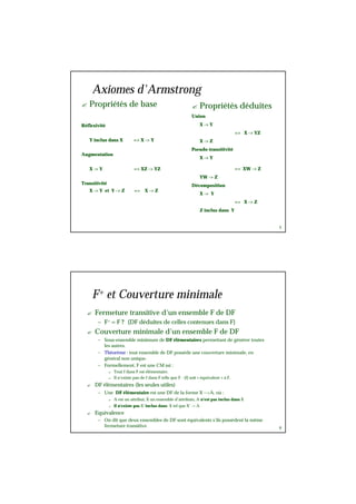 5
Axiomes d'Armstrong
? Propriétés de base
Réflexivité
Y inclus dans X => X -> Y
Augmentation
X -> Y => XZ -> YZ
Transitivité
X -> Y et Y -> Z => X -> Z
? Propriétés déduites
Union
X -> Y
=> X -> YZ
X -> Z
Pseudo-transitivité
X -> Y
=> XW -> Z
YW -> Z
Décomposition
X -> Y
=> X -> Z
Z inclus dans Y
6
F+ et Couverture minimale
? Fermeture transitive d’un ensemble F de DF
– F+ = F ? {DF déduites de celles contenues dans F}
? Couverture minimale d’un ensemble F de DF
– Sous-ensemble minimum de DF élémentaires permettant de générer toutes
les autres.
– Théorème : tout ensemble de DF possède une couverture minimale, en
général non unique.
– Formellement, F est une CM ssi :
? Tout f dans F est élémentaire.
? Il n’existe pas de f dans F telle que F - {f} soit « équivalent » à F.
? DF élémentaires (les seules utiles)
– Une DF élémentaire est une DF de la forme X -->A, où :
? A est un attribut, X un ensemble d’attributs, A n'est pas inclus dans X
? il n'existe pas X' inclus dans X tel que X' -> A
? Equivalence
– On dit que deux ensembles de DF sont équivalents s’ils possèdent la même
fermeture transitive.
 