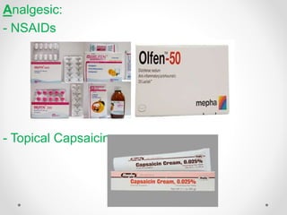 Analgesic:
- NSAIDs
- Topical Capsaicin
 