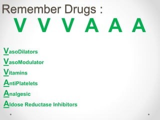Remember Drugs :
V V V A A A
VasoDilators
VasoModulator
Vitamins
AntiPlatelets
Analgesic
Aldose Reductase Inhibitors
 