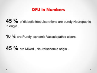 45 % of diabetic foot ulcerations are purely Neuropathic
in origin .
10 % are Purely Ischemic Vasculopathic ulcers .
45 % are Mixed , NeuroIschemic origin .
DFU in Numbers
 