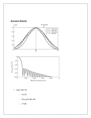 BLACKMAN WINDOW:
• Large main lob
– 12/M
– Very good side lobs
– -57 dB
 