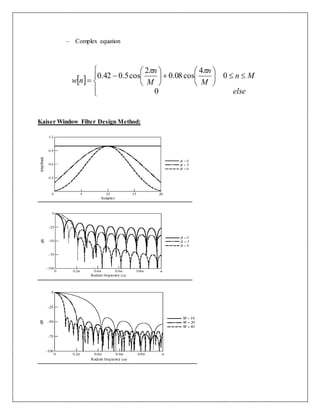 – Complex equation
Kaiser Window Filter Design Method:
 


















else
Mn
M
n
M
n
nw
0
0
4
cos08.0
2
cos5.042.0

 