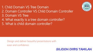 1. Child Domain VS Tree Domain
2. Domain Controller VS Child Domain Controller
3. Domain VS Tree
4. What exactly is a tree domain controller?
5. What is child domain controller?
Design and deliver beautiful presentations with
ease and confidence.
 