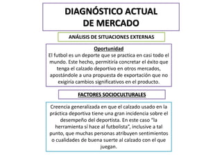 DIAGNÓSTICO ACTUAL 
DE MERCADO 
ANÁLISIS DE SITUACIONES EXTERNAS 
Oportunidad 
El futbol es un deporte que se practica en casi todo el 
mundo. Este hecho, permitiría concretar el éxito que 
tenga el calzado deportivo en otros mercados, 
apostándole a una propuesta de exportación que no 
exigiría cambios significativos en el producto. 
FACTORES SOCIOCULTURALES 
Creencia generalizada en que el calzado usado en la 
práctica deportiva tiene una gran incidencia sobre el 
desempeño del deportista. En este caso “la 
herramienta sí hace al futbolista”, inclusive a tal 
punto, que muchas personas atribuyen sentimientos 
o cualidades de buena suerte al calzado con el que 
juegan. 
 
