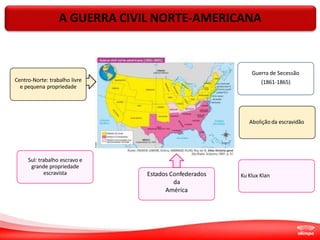Abolição da escravidão
Ku Klux Klan
Estados Confederados
da
América
Guerra de Secessão
(1861-1865)
Centro-Norte: trabalho livre
e pequena propriedade
Sul: trabalho escravo e
grande propriedade
escravista
5
A GUERRA CIVIL NORTE-AMERICANA
 