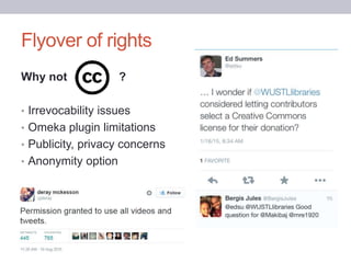 Flyover of rights
Why not ?
• Irrevocability issues
• Omeka plugin limitations
• Publicity, privacy concerns
• Anonymity option
 