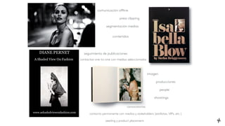 comunicación offline
press clipping
segmentación medios
imagen
producciones
people
shootings
contenidos
contactos one-to-one con medios seleccionados
convocatorias
contacto permanente con medios y stakeholders (estilistas, VIPs, etc.)
seeding y product placement
seguimiento de publicaciones
 