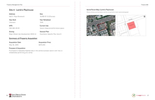 26 27
Site 4 · Lamb’s Playhouse
Address
500 E. Plaza Boulevard
Size
16,990 SF (0.39 acres)
Year Built
Unknown
Year Rehabbed
1978
APN
556-560-39-00
Current Use
Vacant theatrical performance space
Zoning
Major Mixed Use Development (MXD-2)
General Plan
Downtown Specific Plan Zone 9
Summary of Property Acquisition
Acquisition Date
May 26, 2005
Acquisition Price
$970,000
Purpose of Acquisition
Purchased to redevelop blighted area in the central business district with new or
rehabilitated performing arts center.
Aerial/Parcel Map (Lamb’s Playhouse)
Parcel outlines are illustrative and do not perfectly match aerial photograph.
Property Management Plan Finance 498
 