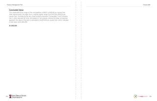 132 133
Concluded Value
The unadjusted price range of the comparables is $9.61 to $40.48 per square foot.
After adjustments, the sales form a slightly tighter range from $14.92to $38.25 per
square foot. Considering the very close similarity between Comparable 1 and Compara-
ble 2, when adjusted for time, and based on this analysis utilizing the sales comparison
approach the value of the land is estimated to be $19.00 per square foot, which indicates
a total value of $1,050,000.
$1,050,000
Property Management Plan Finance 498
 