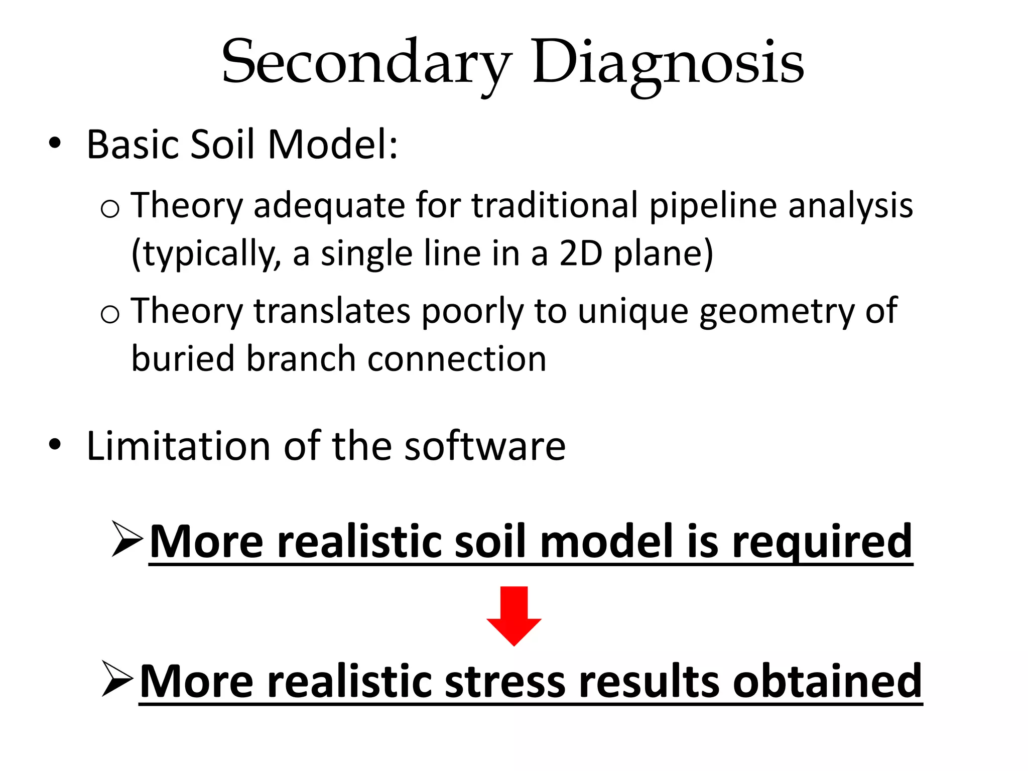 • Basic Soil Model:
o Theory adequate for traditional pipeline analysis
(typically, a single line in a 2D plane)
o Theory translates poorly to unique geometry of
buried branch connection
• Limitation of the software
More realistic soil model is required
More realistic stress results obtained
Secondary Diagnosis
 