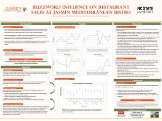 Acknowledgements	
  
Discussion	
  
Conclusion	
  
Buzzword Influence on restaurant
sales at jasmin Mediterranean bistro
Kristen	
  Bochicchio,	
  Allison	
  Clonch,	
  Sam	
  Cho,	
  Kayla	
  Hale,	
  Dana	
  Said	
  
Methods	
  
Introduc7on	
  
•  Our	
  research	
  group	
  partnered	
  with	
  Jasmin	
  Mediterranean	
  Bistro,	
  a	
  casual	
  dining	
  
establishment,	
  to	
  analyze	
  the	
  impact	
  on	
  sales	
  of	
  items	
  aBer	
  the	
  introducCon	
  of	
  
poster	
  adverCsements	
  featuring	
  nutriConal	
  buzzwords.	
  
Results	
  
We	
  collected	
  data	
  by	
  prinCng	
  daily	
  summary	
  receipts	
  without	
  administering	
  our	
  
intervenCon.	
  This	
  gave	
  us	
  a	
  baseline	
  to	
  compare	
  our	
  data	
  from	
  Week	
  2.	
  	
  
Week	
  1:	
  Control	
  Period	
  
We	
  released	
  an	
  online	
  survey	
  that	
  asked	
  customers	
  to	
  indicate	
  the	
  extent	
  to	
  which	
  the	
  
buzzwords	
  would	
  inﬂuence	
  them	
  to	
  purchase	
  the	
  chosen	
  items.	
  We	
  adverCsed	
  the	
  
survey	
  using	
  table	
  toppers	
  and	
  signs	
  posted	
  around	
  the	
  restaurant.	
  Customers	
  
required	
  a	
  valid	
  email	
  address	
  to	
  enter	
  the	
  survey,	
  and	
  upon	
  compleCon,	
  received	
  a	
  
10%	
  oﬀ	
  Jasmin’s	
  coupon	
  as	
  compensaCon.	
  We	
  compared	
  these	
  results	
  to	
  the	
  data	
  
generated	
  from	
  our	
  intervenCon.	
  
	
  
Week	
  3:	
  Survey	
  AdministraCon	
  
•  The	
  U.S.	
  has	
  seen	
  a	
  rapid	
  increase	
  in	
  rates	
  of	
  obesity	
  and	
  meals	
  eaten	
  away	
  from	
  
home.	
  Diets	
  where	
  meals	
  are	
  consumed	
  outside	
  the	
  home	
  at	
  restaurants	
  or	
  fast	
  
food	
  establishments	
  have	
  been	
  shown	
  to	
  be	
  of	
  poor	
  nutriConal	
  quality.1	
  
	
  
•  NutriCon	
  labeling	
  and	
  its	
  impacts	
  on	
  consumer	
  preference	
  is	
  an	
  acCve	
  area	
  of	
  
research.	
  Much	
  of	
  this	
  research	
  revolves	
  around	
  the	
  use	
  of	
  calorie	
  counts,	
  but	
  the	
  
eﬀecCveness	
  of	
  such	
  intervenCons	
  has	
  been	
  mixed.2,3,4	
  
	
  
•  Words	
  like	
  “organic”	
  and	
  “local”	
  have	
  also	
  gained	
  in	
  popularity,	
  but	
  no	
  research	
  has	
  
explored	
  eﬀects	
  of	
  these	
  buzzwords	
  on	
  consumer	
  preference	
  in	
  a	
  restaurant	
  
seZng.5	
  
y	
  =	
  0.6182x	
  +	
  20.6	
  
10	
  
15	
  
20	
  
25	
  
30	
  
35	
  
	
  3/16	
   	
  3/17	
   	
  3/18	
   	
  3/19	
   	
  3/20	
   	
  3/23	
   	
  3/24	
   	
  3/25	
   	
  3/26	
   	
  3/27	
  
Number	
  of	
  sales	
  per	
  day	
  
Figure	
  3.	
  The	
  trend	
  of	
  sales	
  for	
  Chicken	
  Shawarma	
  from	
  Week	
  1	
  
and	
  Week	
  2.	
  The	
  posiCve	
  slope	
  (m=0.6182)	
  on	
  the	
  trendline	
  
represents	
  an	
  increase	
  in	
  sales	
  from	
  Week	
  1	
  to	
  Week	
  2.	
  
Chicken	
  Shwarma	
  
y	
  =	
  0.2485x	
  -­‐	
  0.6667	
  
0	
  
1	
  
2	
  
3	
  
4	
  
	
  3/16	
   	
  3/17	
   	
  3/18	
   	
  3/19	
   	
  3/20	
   	
  3/23	
   	
  3/24	
   	
  3/25	
   	
  3/26	
   	
  3/27	
  
Number	
  of	
  sales	
  per	
  day	
  
Figure	
  4.	
  The	
  trend	
  of	
  sales	
  for	
  whole	
  wheat	
  wraps	
  from	
  Week	
  1	
  
and	
  Week	
  2.	
  The	
  posiCve	
  slope	
  (m=0.2485)	
  on	
  the	
  trendline	
  
represents	
  an	
  increase	
  in	
  sales	
  from	
  Week	
  1	
  to	
  Week	
  2.	
  
Whole	
  Wheat	
  Wraps	
  
y	
  =	
  0.6909x	
  +	
  7.2	
  
0	
  
2	
  
4	
  
6	
  
8	
  
10	
  
12	
  
14	
  
16	
  
18	
  
20	
  
	
  3/16	
   	
  3/17	
   	
  3/18	
   	
  3/19	
   	
  3/20	
   	
  3/23	
   	
  3/24	
   	
  3/25	
   	
  3/26	
   	
  3/27	
  
Number	
  of	
  sales	
  per	
  day	
  
Figure	
  1.	
  The	
  trend	
  of	
  sales	
  for	
  	
  Spinach	
  Zaki	
  from	
  Week	
  1	
  and	
  
Week	
  2.	
  The	
  posiCve	
  slope	
  (m=0.6909)	
  on	
  the	
  trendline	
  represents	
  
an	
  increase	
  in	
  from	
  Week	
  1	
  to	
  Week	
  2.	
  
Spinach	
  Zaki	
  
y	
  =	
  -­‐0.0061x	
  +	
  5.3333	
  
0	
  
1	
  
2	
  
3	
  
4	
  
5	
  
6	
  
7	
  
8	
  
	
  3/16	
   	
  3/17	
   	
  3/18	
   	
  3/19	
   	
  3/20	
   	
  3/23	
   	
  3/24	
   	
  3/25	
   	
  3/26	
   	
  3/27	
  
Number	
  of	
  sales	
  per	
  day	
  
Figure	
  2.	
  The	
  trend	
  of	
  sales	
  for	
  Eggplant	
  Zaki	
  from	
  Week	
  1	
  and	
  
Week	
  2.	
  The	
  negaCve	
  slope	
  (m=-­‐0.0061)	
  on	
  the	
  trendline	
  
represents	
  a	
  slight	
  decrease	
  in	
  sales	
  from	
  Week	
  1	
  to	
  Week	
  2.	
  
Eggplant	
  Zaki	
  
Special	
  Thanks	
  to:	
  
Jasmin	
  Mediterrean	
  Bistro	
  
Suzie	
  Goodell,	
  PhD,	
  RD	
  
Survey	
  ParCcipants	
  
InterventionIntervention
InterventionIntervention
Figure	
  5.	
  At	
  n=49,	
  shows	
  how	
  much	
  each	
  buzzword	
  has	
  inﬂuence	
  when	
  choosing	
  a	
  meal.	
  	
  
“Fresh”	
  has	
  the	
  most	
  impact	
  then	
  followed	
  by	
  “Locally	
  Grown”.	
  The	
  least	
  inﬂuenCal	
  
was	
  “Promotes	
  	
  SaCety”.	
  	
  
Buzzword	
  Inﬂuence	
  on	
  Food	
  Choice	
  
Jasmin	
  Bistro	
  
Background	
  
SelecCvely	
  chose	
  unpopular	
  items	
  from	
  the	
  Jasmin	
  menu.	
  Research	
  period	
  lasted	
  three	
  
consecuCve	
  weeks.	
  Each	
  “week”	
  began	
  on	
  Mondays	
  at	
  restaurant	
  opening	
  (11	
  AM)	
  
and	
  ended	
  on	
  Fridays	
  at	
  restaurant	
  closing	
  (11	
  PM).	
  	
  
	
  
Study	
  Design	
  
We	
  adverCsed	
  the	
  items	
  listed	
  above	
  with	
  posters	
  containing	
  buzzwords	
  that	
  
described	
  each	
  item.	
  This	
  included:	
  
•  Whole	
  Wheat	
  Wraps:	
  Aids	
  in	
  Healthy	
  DigesCon,	
  Less	
  Reﬁned,	
  Promotes	
  SaCety	
  
•  Spinach	
  Zaki:	
  Made	
  with	
  Fresh	
  Baby	
  Spinach	
  
•  Chicken	
  Shawarma:	
  All	
  Natural-­‐	
  Hormone	
  and	
  Steroid-­‐Free	
  
•  Eggplant	
  Zaki:	
  Made	
  with	
  Locally-­‐Grown	
  Eggplant	
  
We	
  then	
  compared	
  these	
  daily	
  summary	
  receipts	
  to	
  the	
  ﬁndings	
  from	
  Week	
  1.	
  	
  
Week	
  2:	
  IntervenCon	
  	
  
Our	
  survey	
  was	
  only	
  open	
  for	
  5	
  days,	
  garnering	
  49	
  responses	
  within	
  1	
  fast	
  food,	
  
casual	
  restaurant.	
  The	
  Cme	
  window,	
  sample	
  size	
  and	
  limited	
  locaCon	
  may	
  have	
  
been	
  too	
  small	
  to	
  show	
  sales	
  being	
  signiﬁcantly	
  impacted	
  by	
  buzzwords.	
  
•  Despite	
  survey	
  responses,	
  consumers	
  may	
  not	
  have	
  chosen	
  any	
  of	
  the	
  4	
  
studied	
  food	
  items	
  on	
  Jasmin's	
  menu.	
  
•  We	
  could	
  not	
  measure	
  the	
  inﬂuence	
  of	
  the	
  word	
  “Organic”	
  because	
  its	
  use	
  is	
  
regulated	
  by	
  the	
  FDA.	
  
•  There	
  may	
  be	
  response	
  bias.	
  Our	
  data	
  was	
  not	
  normally	
  distributed	
  and	
  could	
  
not	
  be	
  tested	
  for	
  signiﬁcance.	
  
•  It	
  would	
  be	
  useful	
  to	
  have	
  other	
  researchers	
  replicate	
  this	
  study	
  when	
  
determining	
  the	
  inﬂuence	
  of	
  buzzwords	
  on	
  restaurant	
  sales.	
  
	
  
LimitaCons	
  
With	
  more	
  funding	
  and	
  longer	
  research	
  Cme	
  frame,	
  the	
  following	
  improvements	
  
can	
  yield	
  more	
  signiﬁcant	
  results:	
  
	
  
1.  Compare	
  the	
  sale	
  trends	
  of	
  each	
  Jasmin	
  locaCon	
  to	
  another	
  upon	
  
implemenCng	
  the	
  same	
  research	
  strategies	
  on	
  each	
  locaCon.	
  	
  	
  
2.  Lengthen	
  the	
  control	
  and	
  intervenCon	
  phases	
  by	
  greater	
  than	
  one	
  week.	
  
3.  Administer	
  the	
  online	
  survey	
  for	
  a	
  longer	
  period	
  of	
  Cme	
  to	
  accumulate	
  more	
  
responses.	
  	
  
	
  
ImplicaCons	
  
Data	
  generally	
  supported	
  our	
  hypothesis	
  that	
  certain	
  buzzwords	
  may	
  inﬂuence	
  
restaurant	
  sales.	
  	
  
•  Only	
  the	
  Eggplant	
  Zaki	
  decreased	
  in	
  sales	
  (-­‐0.61%);	
  this	
  buzzword	
  relaConship	
  
was	
  not	
  successful.	
  In	
  the	
  survey,	
  the	
  related	
  buzzword	
  “Locally	
  Grown”	
  had	
  a	
  
mean	
  inﬂuence	
  of	
  2.33	
  (on	
  a	
  3.0	
  scale).	
  
•  The	
  Chicken	
  Shawarma	
  increased	
  in	
  sales	
  (+61.82%).	
  The	
  average	
  inﬂuence	
  of	
  
the	
  buzzwords	
  “All	
  Natural-­‐Hormone	
  and	
  Steroid	
  Free”	
  was	
  also	
  2.33.	
  	
  
•  The	
  Spinach	
  Zaki	
  increased	
  in	
  sales	
  (+69.09%).	
  The	
  average	
  inﬂuence	
  of	
  the	
  
buzzword	
  “Fresh”	
  was	
  2.57.	
  The	
  Chicken	
  Shawarma	
  and	
  Spinach	
  Zaki	
  both	
  
support	
  the	
  hypothesis.	
  
•  The	
  whole	
  wheat	
  wraps	
  increased	
  in	
  sales	
  (+24.85%)	
  when	
  associated	
  with	
  
the	
  “Less	
  Processed,	
  Aids	
  in	
  Healthy	
  DigesCon,	
  Promotes	
  SaCety”	
  terms.	
  The	
  
mean	
  of	
  all	
  three	
  of	
  these	
  buzzwords	
  was	
  only	
  1.86.	
  
Similar	
  studies	
  have	
  not	
  yet	
  been	
  conducted	
  regarding	
  nutriConal	
  buzzwords	
  on	
  
restaurant	
  sales.5	
  Studies	
  researching	
  calorie	
  counts	
  on	
  menus	
  have	
  yielded	
  
mixed	
  results	
  on	
  item	
  sales.2,3,4	
  This	
  can	
  be	
  applied	
  to	
  our	
  ﬁndings	
  that	
  only	
  
some	
  of	
  the	
  items	
  showed	
  a	
  posiCve	
  sales	
  trend	
  aBer	
  buzzword	
  introducCon.	
  
	
  
InterpretaCon	
  Week	
  1	
  &	
  Week	
  2	
  Sale	
  Changes	
  
Week	
  3	
  Survey	
  Results	
  
The	
  purpose	
  of	
  our	
  research	
  was	
  to	
  measure	
  changes	
  in	
  item	
  popularity	
  
before	
  and	
  aSer	
  buzzword	
  introduc7on.	
  	
  
Purpose	
  
1.	
  Todd	
  JE,	
  Mancino	
  L,	
  Lin	
  B.	
  The	
  Impact	
  Away	
  From	
  Home	
  on	
  Adult	
  Diet	
  Quality.	
  US	
  Dept	
  of	
  Ag.	
  Economic	
  Research	
  Report	
  no.	
  90.	
  hrp://www.ers.usda.gov/media/136609/
err90_1_.pdf	
  Accessed	
  January	
  27,	
  2015.	
  
2.	
  Elbel	
  B,	
  Kersh	
  R,	
  Brescoll	
  V,	
  Dixon	
  L.	
  Calorie	
  Labeling	
  And	
  Food	
  Choices:	
  A	
  First	
  Look	
  At	
  The	
  Eﬀects	
  On	
  Low-­‐Income	
  People	
  In	
  New	
  York	
  City.	
  Health	
  Aﬀ	
  (Millwd).	
  2009:28(6):	
  w1110-­‐
w1121	
  
3.	
  Krukowski	
  RA,	
  Harvey-­‐Berino	
  J,	
  Kolodinsky	
  J,	
  Narsana	
  RT,	
  DeSisto	
  TP.	
  Consumers	
  May	
  Not	
  Use	
  or	
  Understand	
  Calorie	
  Labeling	
  in	
  Restaurants.	
  J	
  Am	
  Diet	
  Assoc.	
  2006:106(6):917-­‐920	
  
4.	
  Roberto	
  CA,	
  Larsen	
  PD,	
  Agnew	
  H,	
  Baik	
  J,	
  Brownell	
  KD.	
  EvaluaCng	
  the	
  Impact	
  of	
  Menu	
  Labeling	
  on	
  Food	
  Choices	
  and	
  Intake.	
  Am	
  J	
  Public	
  Health.	
  2010;	
  100(2):	
  312-­‐318.	
  
5.	
  Haas	
  R,	
  Sterns	
  J,	
  Meixner	
  O,	
  Nyob	
  D,	
  Traar	
  V.	
  Do	
  US	
  consumers	
  perceive	
  local	
  and	
  organic	
  food	
  diﬀerently?	
  An	
  analysis	
  based	
  on	
  means-­‐end	
  chain	
  analysis	
  and	
  word	
  associaCon.	
  Int.	
  
J.	
  Food	
  System	
  Dynamics.	
  2013;	
  4(3):	
  214-­‐226.	
  hrp://ageconsearch.umn.edu/bitstream/164800/2/3%20Haas-­‐ok.pdf	
  
	
  
References	
  
 
