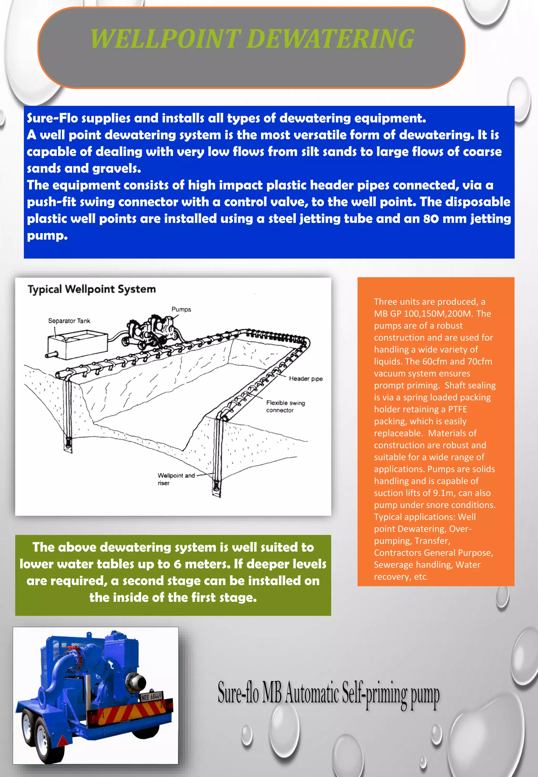 WELLPOINT DEWATERING
Sure-Flo supplies and installs all types of dewatering equipment.
A well point dewatering system is the most versatile form of dewatering. It is
capable of dealing with very low flows from silt sands to large flows of coarse
sands and gravels.
The equipment consists of high impact plastic header pipes connected, via a
push-fit swing connector with a control valve, to the well point. The disposable
plastic well points are installed using a steel jetting tube and an 80 mm jetting
pump.
The above dewatering system is well suited to
lower water tables up to 6 meters. If deeper levels
are required, a second stage can be installed on
the inside of the first stage.
Three units are produced, a
MB GP 100,150M,200M. The
pumps are of a robust
construction and are used for
handling a wide variety of
liquids. The 60cfm and 70cfm
vacuum system ensures
prompt priming. Shaft sealing
is via a spring loaded packing
holder retaining a PTFE
packing, which is easily
replaceable. Materials of
construction are robust and
suitable for a wide range of
applications. Pumps are solids
handling and is capable of
suction lifts of 9.1m, can also
pump under snore conditions.
Typical applications: Well
point Dewatering, Over-
pumping, Transfer,
Contractors General Purpose,
Sewerage handling, Water
recovery, etc.
 