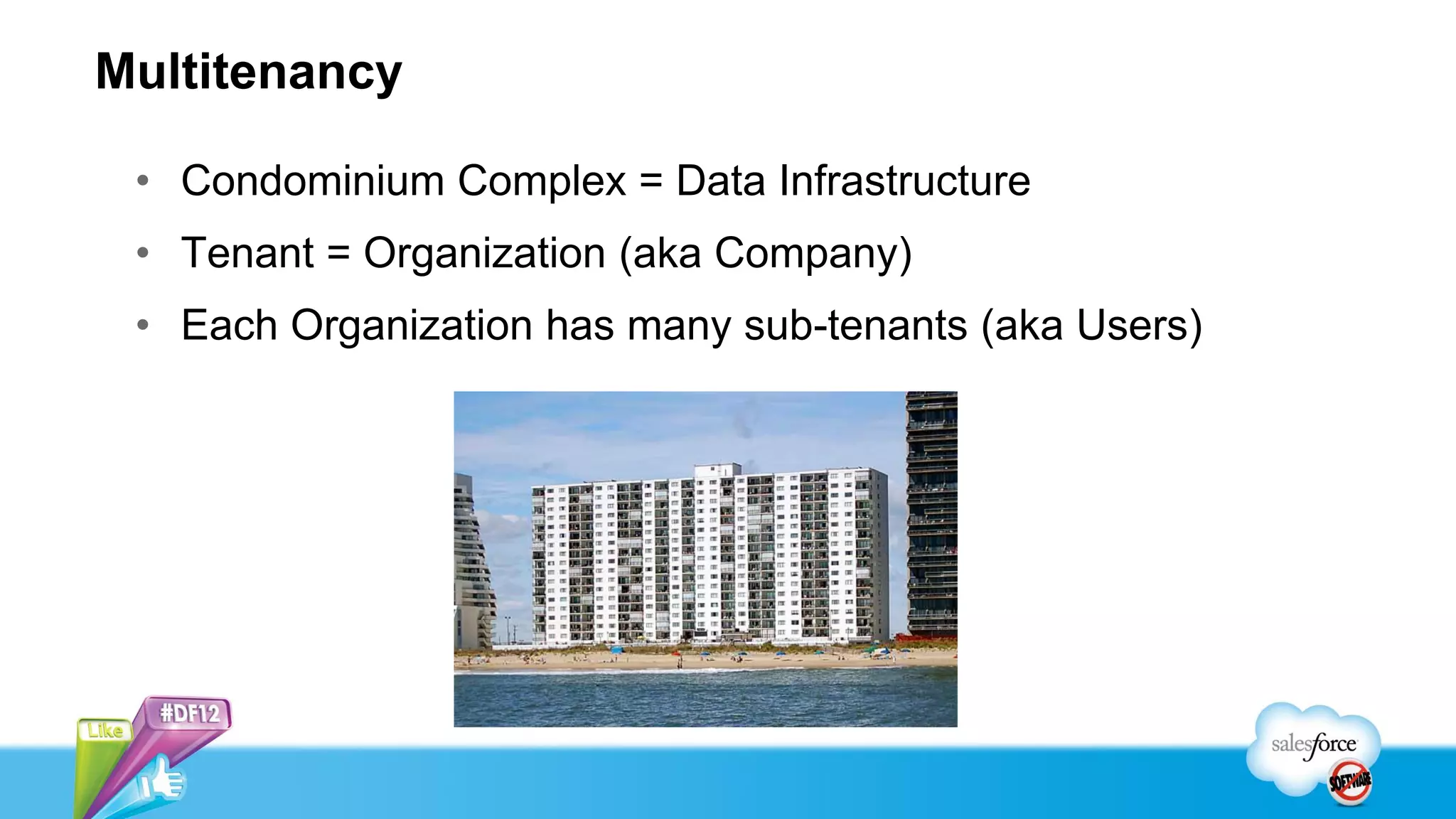 Multitenancy

 • Condominium Complex = Data Infrastructure
 • Tenant = Organization (aka Company)
 • Each Organization has many sub-tenants (aka Users)
 