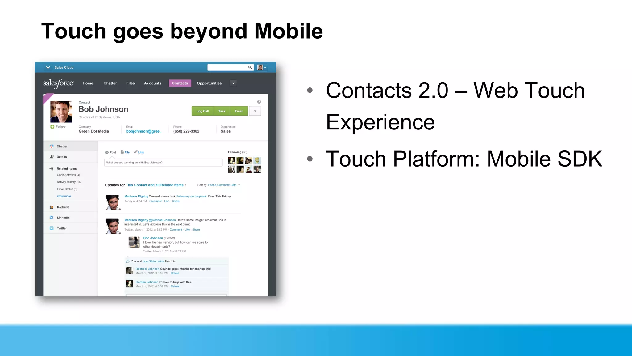 Touch goes beyond Mobile

                      • Contacts 2.0 – Web Touch
                        Experience
                      • Touch Platform: Mobile SDK
 