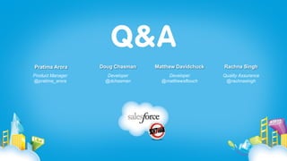 Pratima Arora     Doug Chasman   Matthew Davidchuck   Rachna Singh
Product Manager     Developer        Developer        Quality Assurance
@pratima_arora     @dchasman       @matthewsftouch     @rachnasingh
 