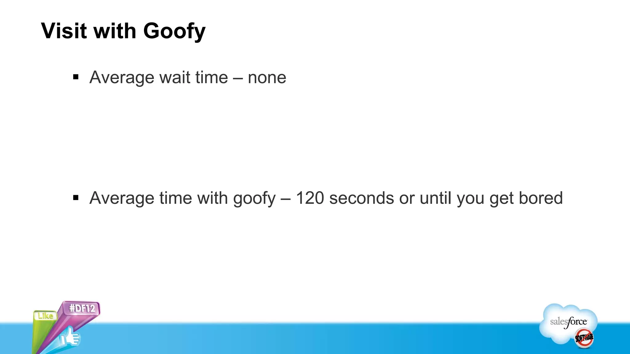 Visit with Goofy

   Average wait time – none




   Average time with goofy – 120 seconds or until you get bored
 