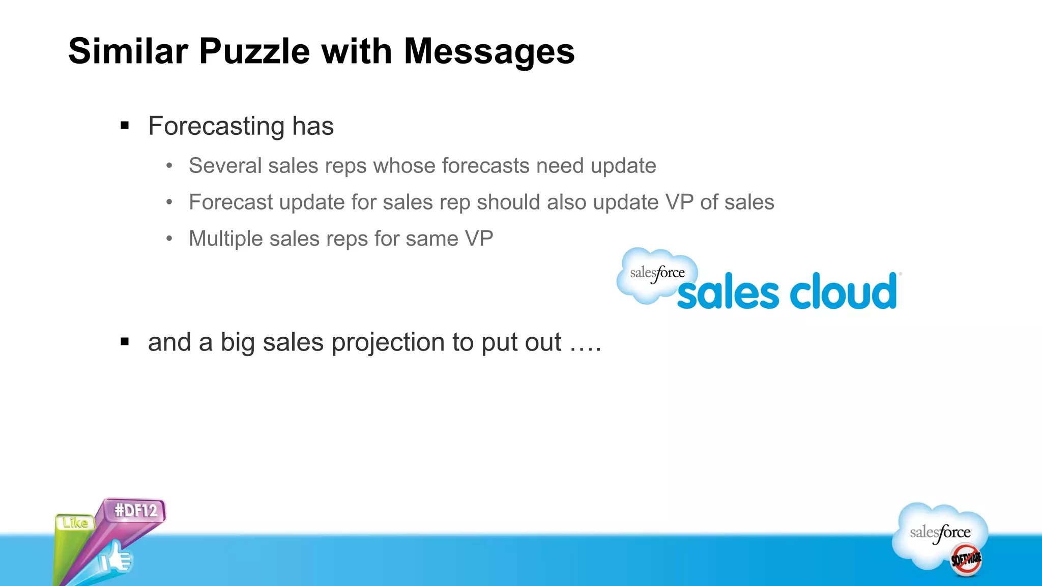 Similar Puzzle with Messages
   Forecasting has
      • Several sales reps whose forecasts need update
      • Forecast update for sales rep should also update VP of sales
      • Multiple sales reps for same VP



   and a big sales projection to put out ….
 