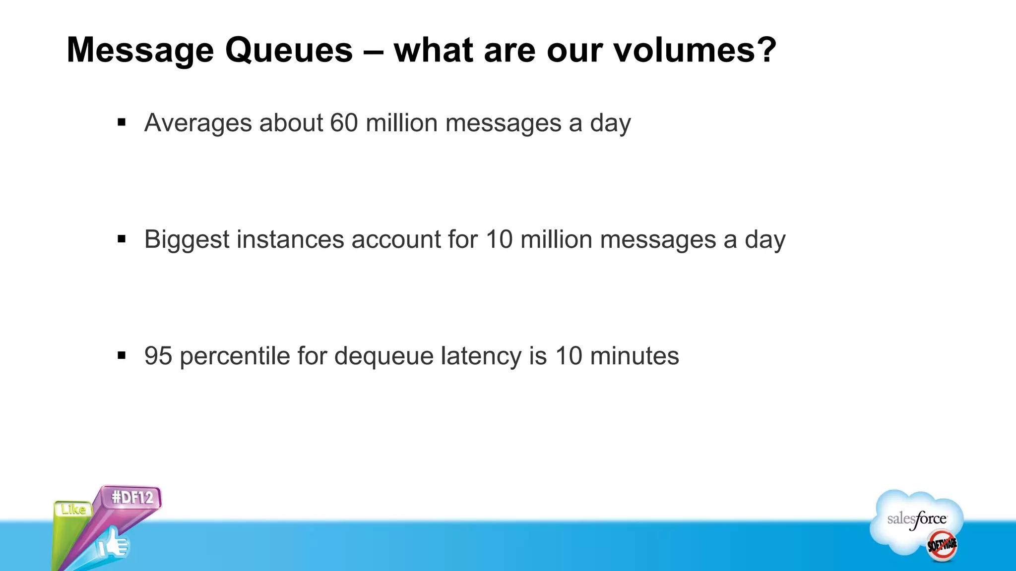 Message Queues – what are our volumes?
   Averages about 60 million messages a day



   Biggest instances account for 10 million messages a day



   95 percentile for dequeue latency is 10 minutes
 