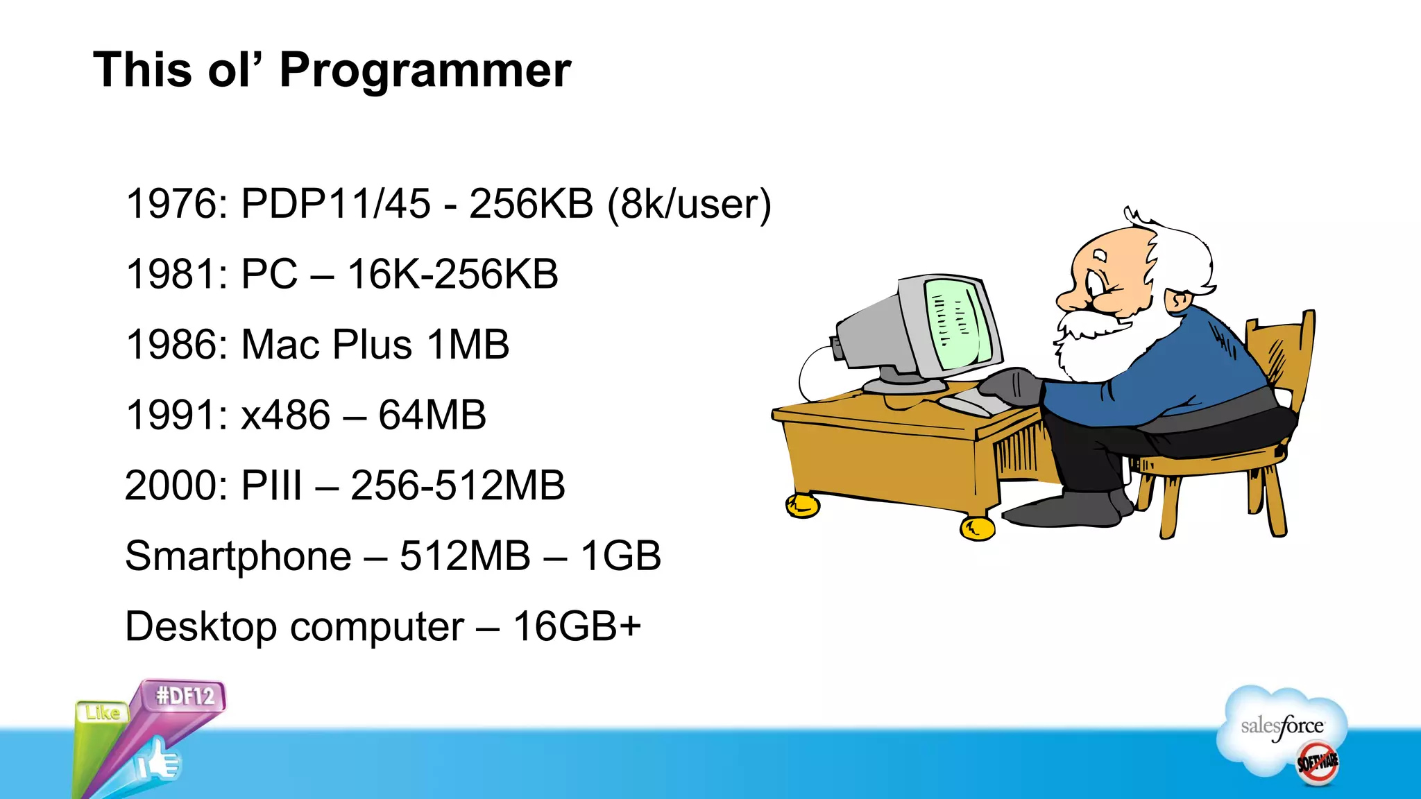 This ol’ Programmer

 1976: PDP11/45 - 256KB (8k/user)
 1981: PC – 16K-256KB
 1986: Mac Plus 1MB
 1991: x486 – 64MB
 2000: PIII – 256-512MB
 Smartphone – 512MB – 1GB
 Desktop computer – 16GB+
 