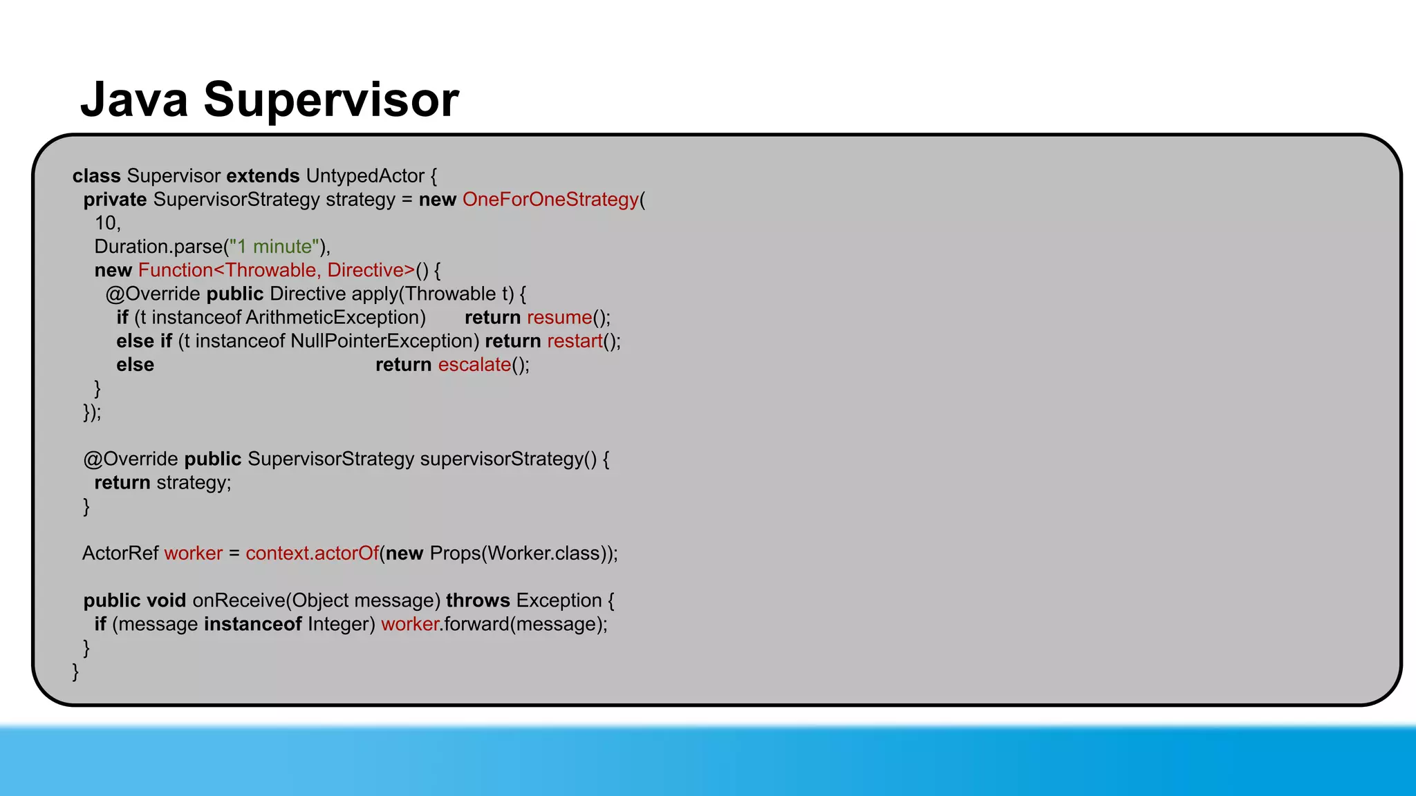 Java Supervisor
class Supervisor extends UntypedActor {
 private SupervisorStrategy strategy = new OneForOneStrategy(
   10,
   Duration.parse("1 minute"),
   new Function<Throwable, Directive>() {
     @Override public Directive apply(Throwable t) {
      if (t instanceof ArithmeticException)     return resume();
      else if (t instanceof NullPointerException) return restart();
      else                            return escalate();
   }
 });

    @Override public SupervisorStrategy supervisorStrategy() {
      return strategy;
    }

    ActorRef worker = context.actorOf(new Props(Worker.class));

    public void onReceive(Object message) throws Exception {
      if (message instanceof Integer) worker.forward(message);
    }
}
 
