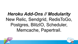 Heroku Add-Ons // Modularity
New Relic, Sendgrid, RedisToGo,
  Postgres, BlitzIO, Scheduler,
     Memcache, Papertrail.
 