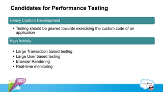 Candidates for Performance Testing

Heavy Custom Development

 • Testing should be geared towards exercising the custom code of an
   application

High Activity

 •   Large Transaction based testing
 •   Large User based testing
 •   Browser Rendering
 •   Real-time monitoring
 