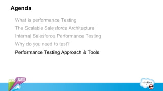 Agenda

 What is performance Testing
 The Scalable Salesforce Architecture
 Internal Salesforce Performance Testing
 Why do you need to test?
 Performance Testing Approach & Tools
 