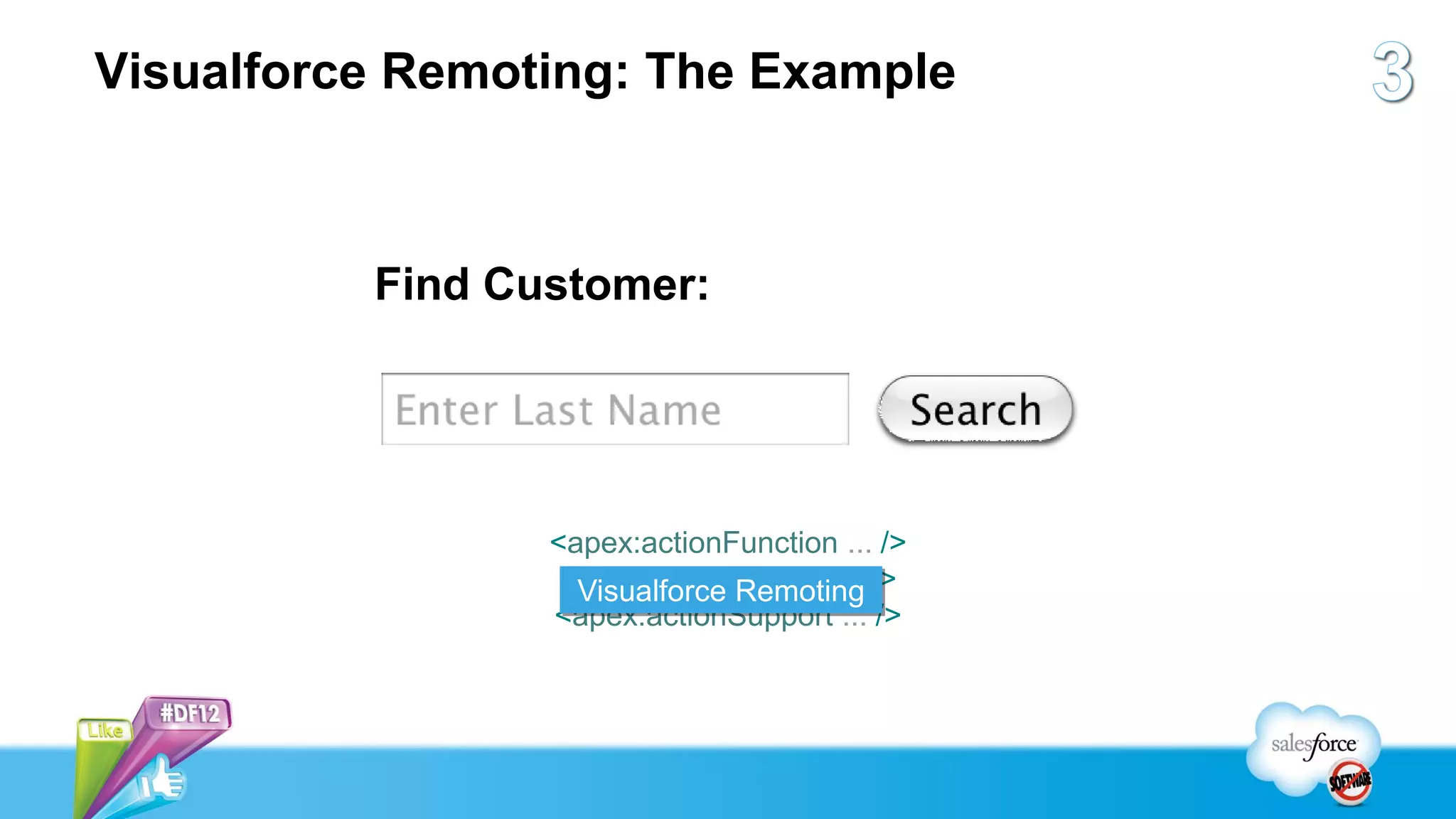 Visualforce Remoting: The Example



          Find Customer:




                 <apex:actionFunction ... />
                  <apex:actionRegion ... />
                   Visualforce Remoting
                 <apex:actionSupport ... />
 