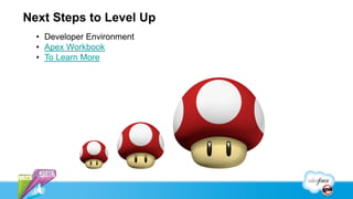 Next Steps to Level Up
  • Developer Environment
  • Apex Workbook
  • To Learn More
 