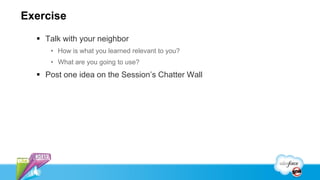 Exercise
   Talk with your neighbor
     • How is what you learned relevant to you?
     • What are you going to use?
   Post one idea on the Session’s Chatter Wall
 