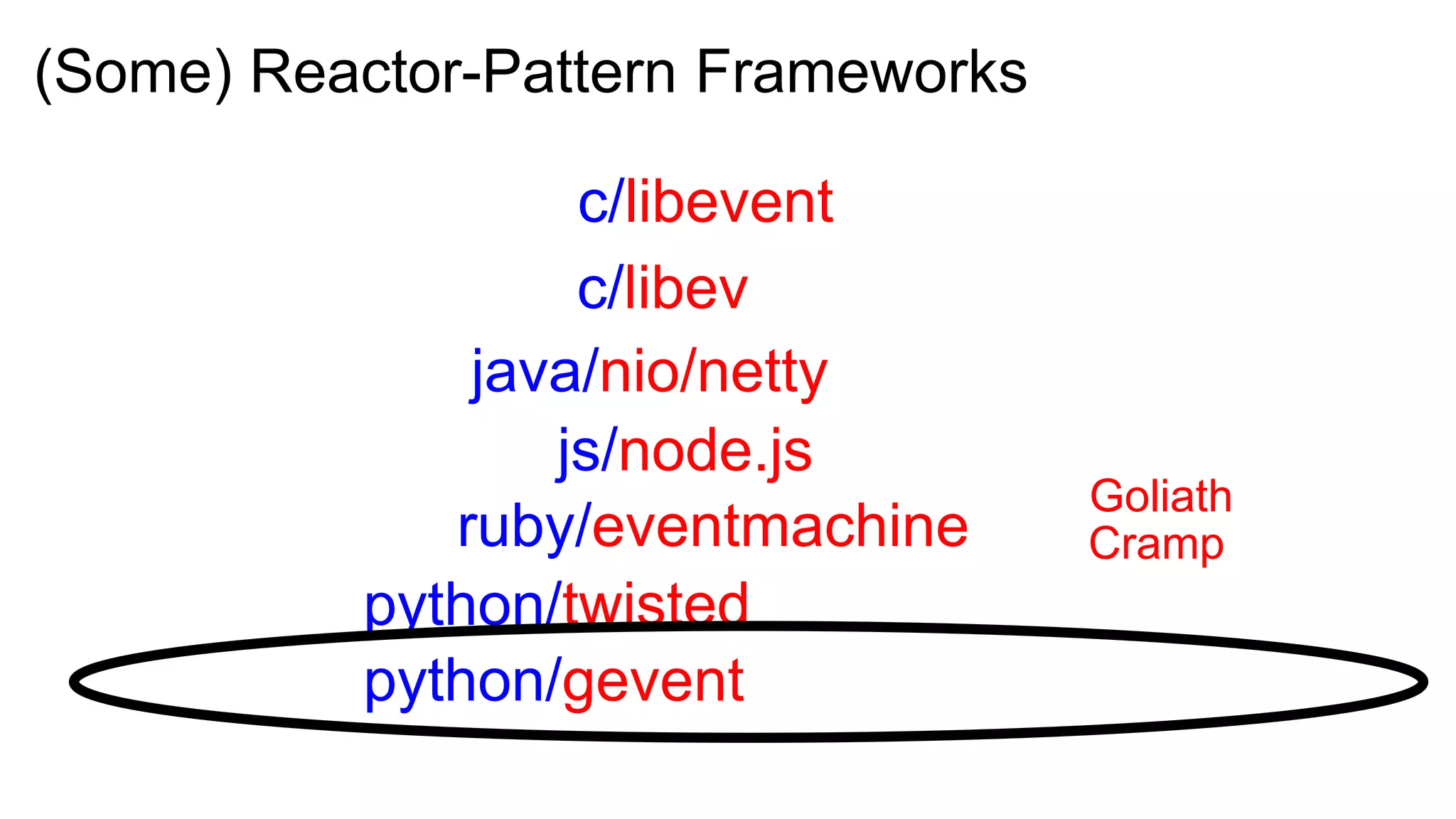 (Some) Reactor-Pattern Frameworks

                  c/libevent
                  c/libev
              java/nio/netty
                 js/node.js
                                    Goliath
             ruby/eventmachine      Cramp
          python/twisted
          python/gevent
 