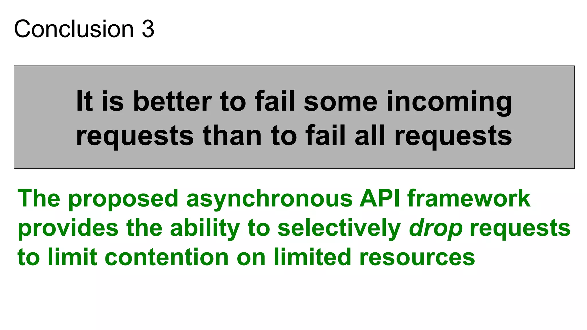Conclusion 3


     It is better to fail some incoming
     requests than to fail all requests

The proposed asynchronous API framework
provides the ability to selectively drop requests
to limit contention on limited resources
 