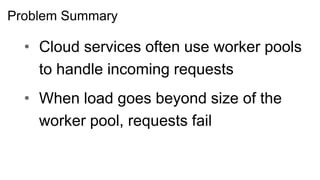 Problem Summary

  • Cloud services often use worker pools
    to handle incoming requests
  • When load goes beyond size of the
    worker pool, requests fail
 