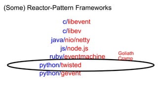 (Some) Reactor-Pattern Frameworks

                  c/libevent
                  c/libev
              java/nio/netty
                 js/node.js
                                    Goliath
             ruby/eventmachine      Cramp
          python/twisted
          python/gevent
 
