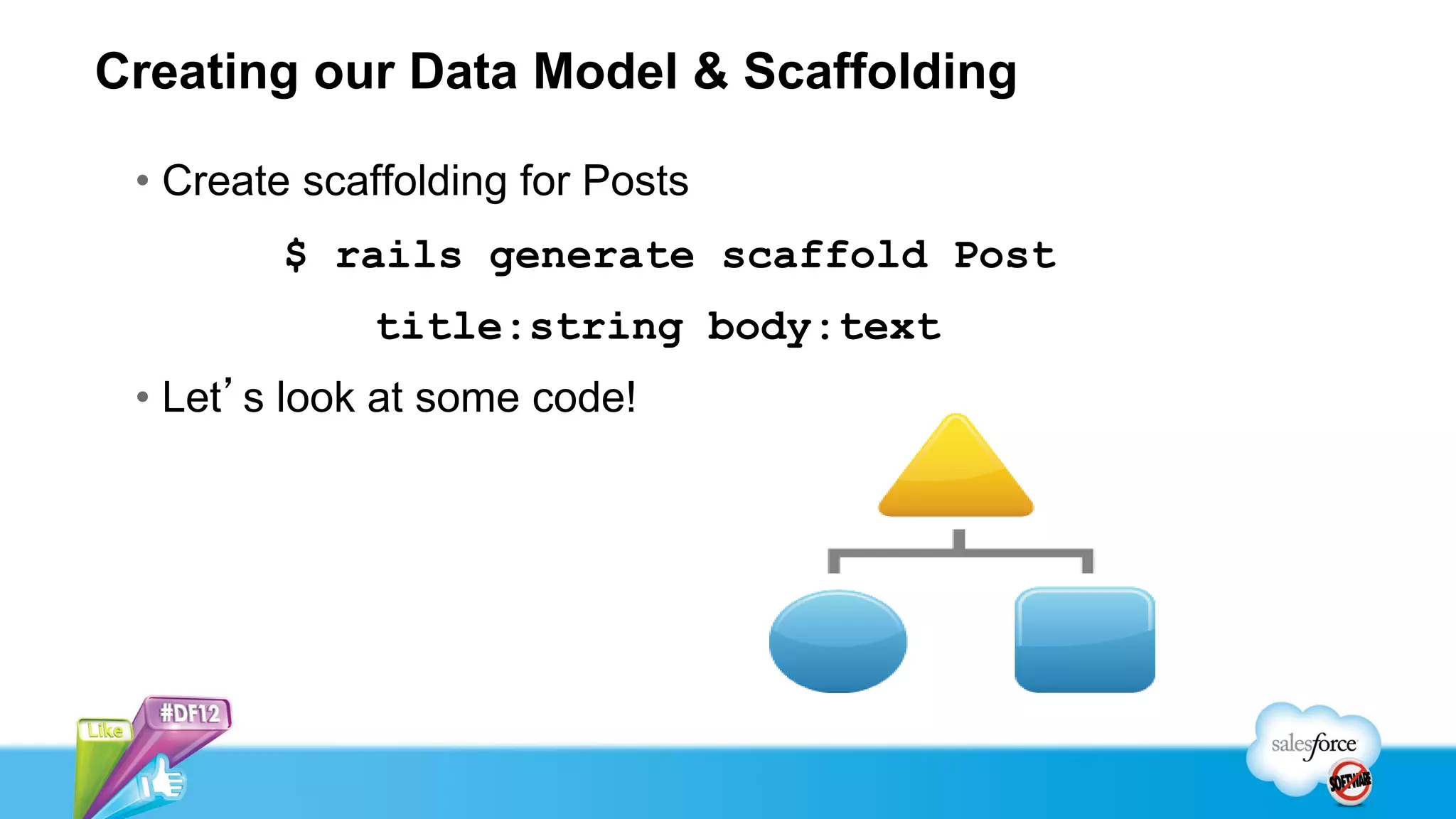 Creating our Data Model & Scaffolding

 • Create scaffolding for Posts
         $ rails generate scaffold Post
             title:string body:text
 • Let’s look at some code!
 