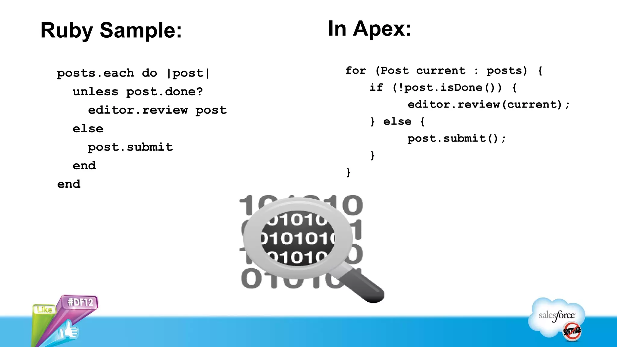 Ruby Sample:              In Apex:
 posts.each do |post|      for (Post current : posts) {
   unless post.done?          if (!post.isDone()) {
                                    editor.review(current);
     editor.review post
                              } else {
   else
                                    post.submit();
     post.submit
                              }
   end                     }
 end
 