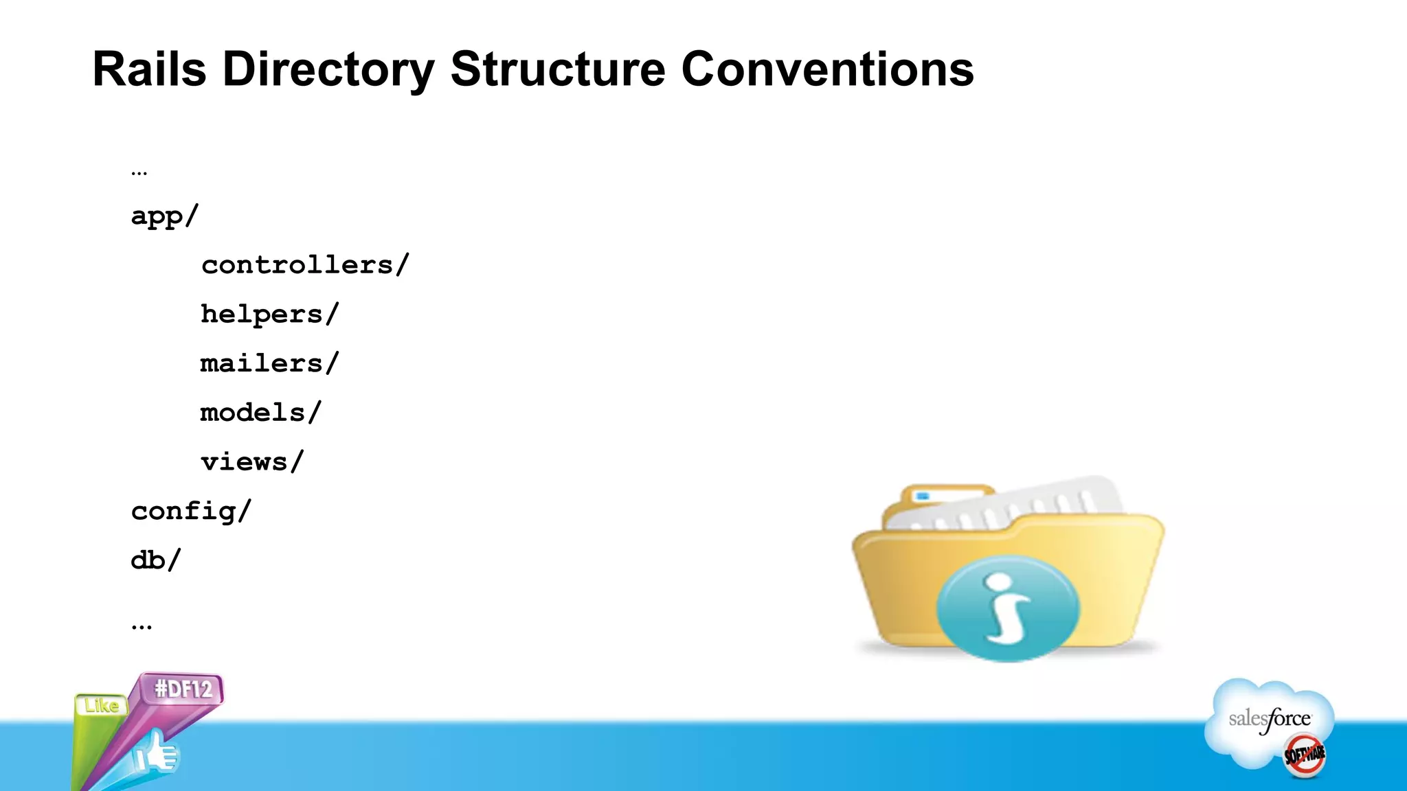 Rails Directory Structure Conventions
 …
 app/
        controllers/
        helpers/
        mailers/
        models/
        views/
 config/
 db/

 …
 