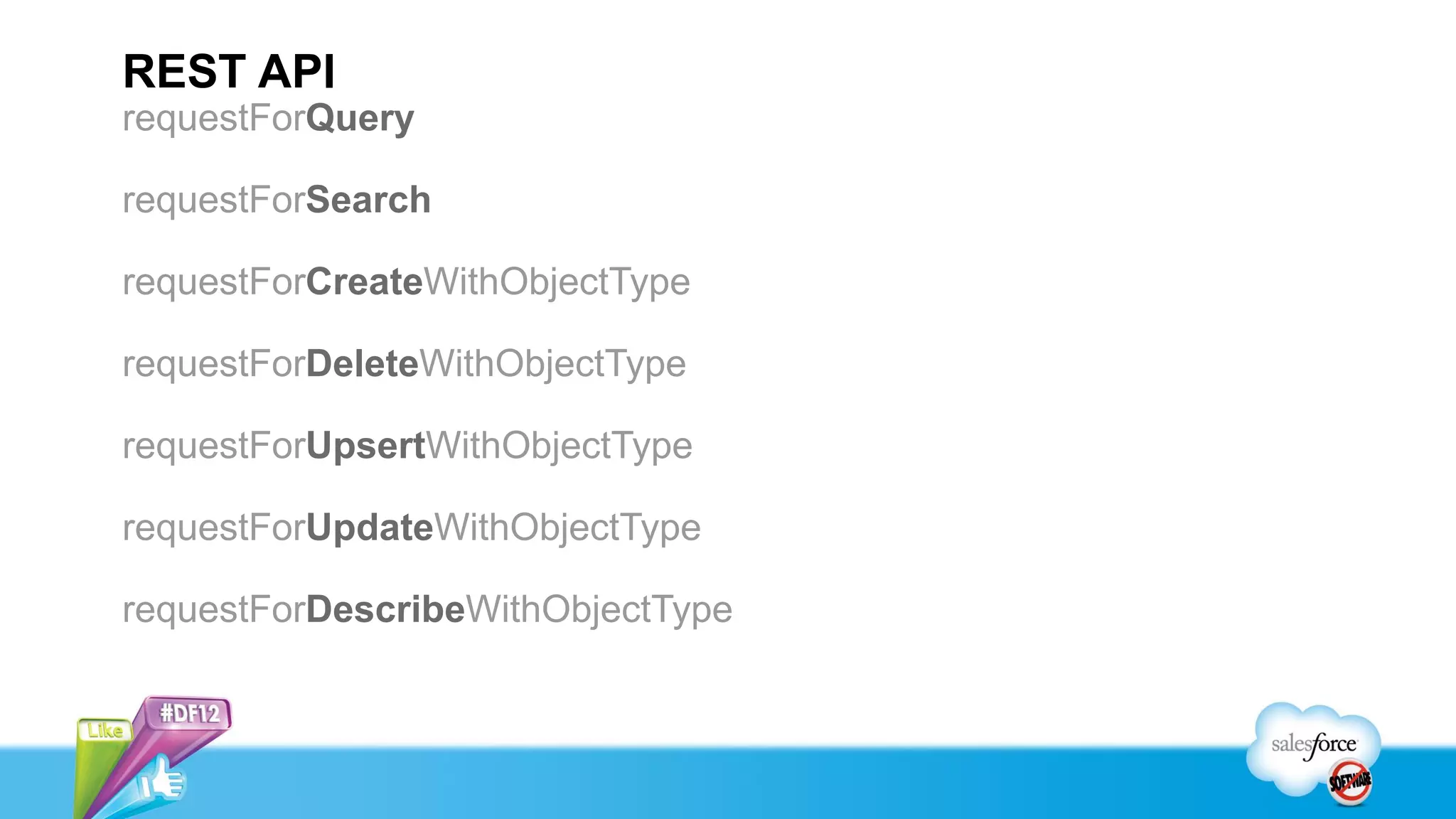 REST API
requestForQuery

requestForSearch

requestForCreateWithObjectType

requestForDeleteWithObjectType

requestForUpsertWithObjectType

requestForUpdateWithObjectType

requestForDescribeWithObjectType
 