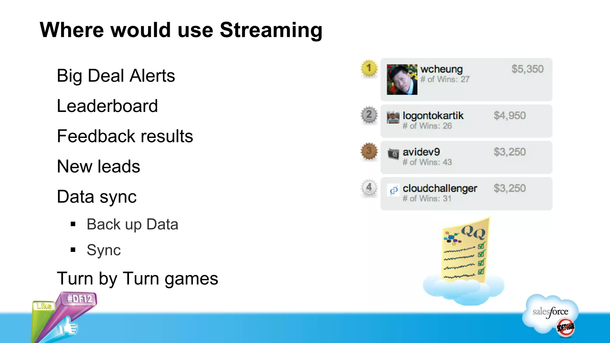 Where would use Streaming

 Big Deal Alerts
 Leaderboard
 Feedback results
 New leads
 Data sync
   Back up Data
   Sync
 Turn by Turn games
 